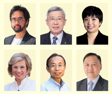 The six Honorary University Fellows are (from left to right; top to bottom): Dr Adrian CHENG Chi Kong, Professor CHENG Kai Ming, Ms Karen CHEUNG Tih Loh, Mrs Jill GALLIE, Professor Philip WONG Hon Sum, Mr David WONG Ying Kit